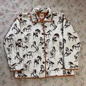 Cotton & Rye Quilted Jacket Western Horse Print Medium Lounge Button Front Cozy